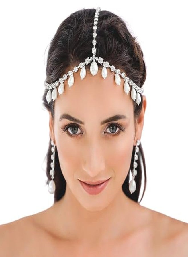 Cerun 1 Pcs PremiumSilver Head Chain Pearls Pendant Headpiece Sparkly Rhinestone Boho Headpiece Shiny Tassel Hair Chain Bridal Party Costume Hair Accessories for Women and Girls - Image 1